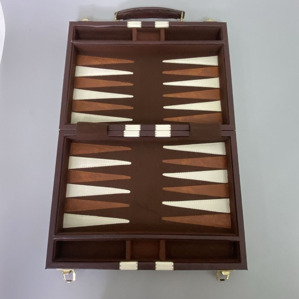 Vintage Backgammon Set Brown Travel Case Complete Dice Chips Folding Board New - Picture 7 of 13